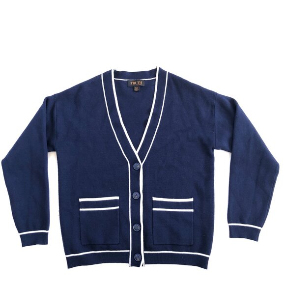 Truth Sweaters - Truth Navy Blue Cardigan with White Trim Size Medium